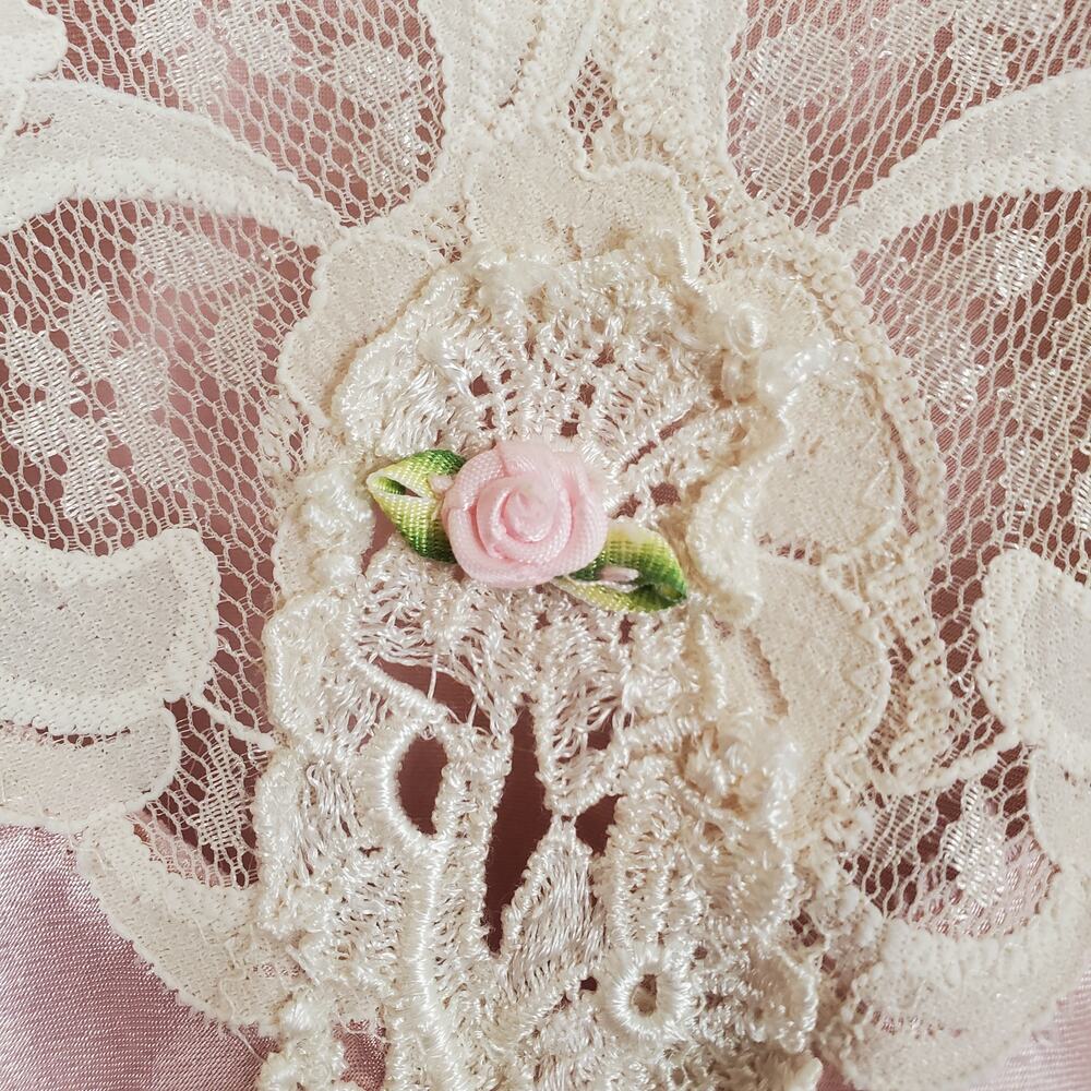 Vintage Rosette Satin Lace Slip Lingerie Dress Pink Cream Small - Picture 8 of 9